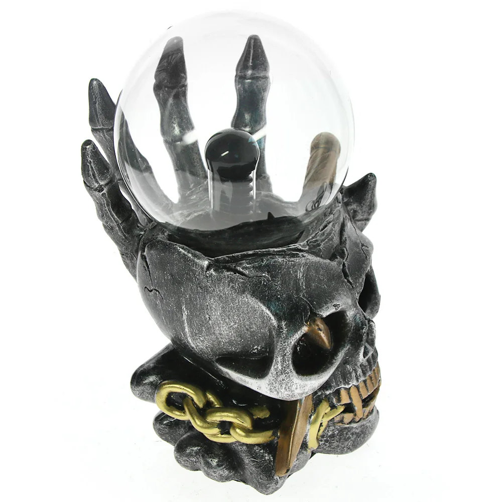 

Viking Skull With Dagger Through Horror Statue Figurine Electric Thunder Touch Sensitive Plasma Ball Skeleton Head