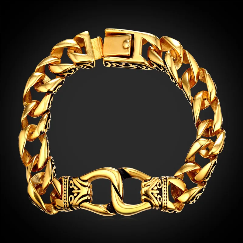 

Stainless Steel Punk Rock Bracelets Gold Color 22CM Men Jewelry Cuban Link Chunky Hand Chain Bracelet 2016 New GH2253