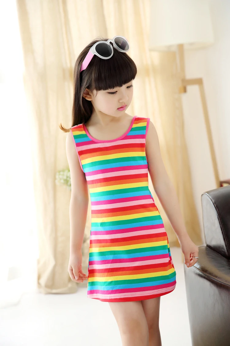 Одежда для девочек летнее детское платье без рукавов в радужную полоску 100%