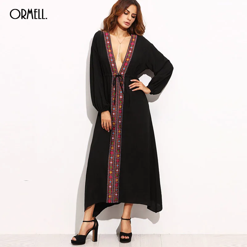 ORMELL Дамы Черная Урожай Племенной Вышивка Платья Макси Осень Пляж 2016 Женщин Boho