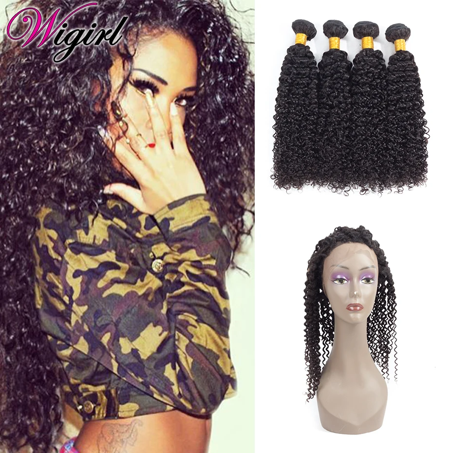 Курчавый локон 360 Шнурковая передняя кружевная лента в комплекте с набором прядей бразильских волос 8A 4 шт. Закрытие Курчавый.