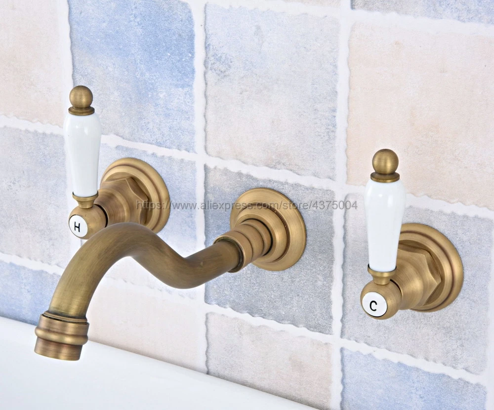 

Bathroom Basin Faucet Set 3 hole Antique Brass Double Handle Wall Mounted Bathroom Sink Faucet Hot Cold Tap Nsf532