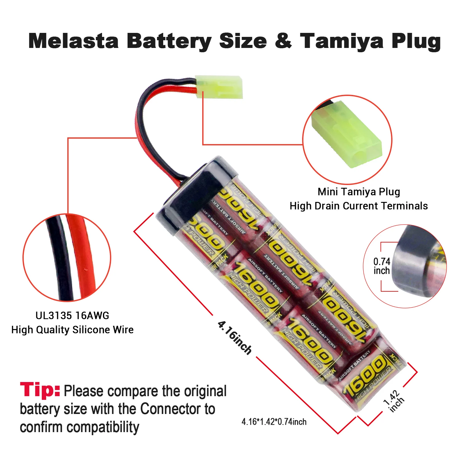 Плоский аккумулятор Melasta 7S 2/3A 8 4 в 1600 мАч NiMH с разъемом Mini Tamiya для страйкбольных