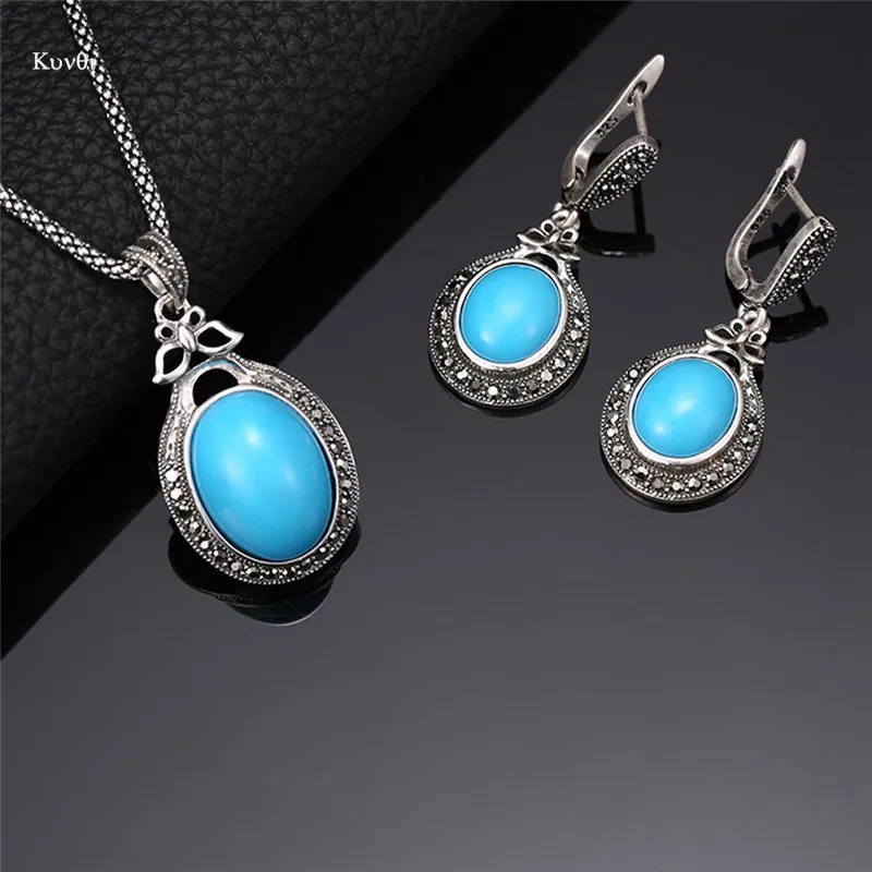 Vintage Sliver Plated Women Jewelry Sets Blue Natural Stone Drop Earring Pendent Necklace Retro Gift For Female | Украшения и