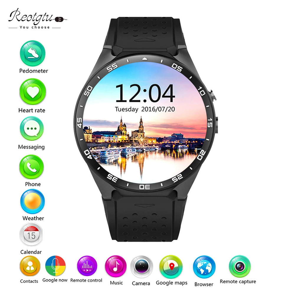 Reotgtu kw88 ОС Android 5.1 Смарт часы Электроника android 1.39 дюймов MTK6580 SmartWatch Phone Support 3G Wi Fi Nano