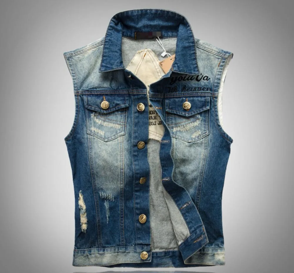 

2019 New arrivel Men's Casual Denim Vest man's slim Patch Designs vest Youth handsome hole denim jacket Plus size M-5XL