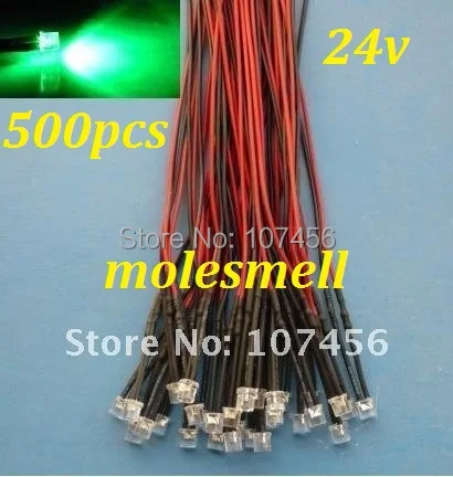 Free shipping 500pcs 5mm Flat Top Green LED Lamp Light Set Pre-Wired 5mm 24V DC Wired 5mm 24v big/wide angle green led