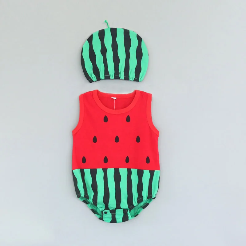 Watermelon 2 Новая летняя одежда для маленьких девочек с рисунком из мультфильма для маленьких мальчиков; комбинезон+ головной убор унисекс детские комбинезоны с рисунками животных Костюмы 2 шт./компл - Цвет: Watermelon 2