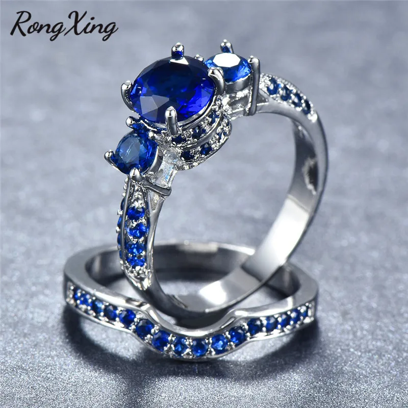 RongXing синий/фиолетовый Кристалл Циркон кольцо набор для женщин Серебряный Цвет