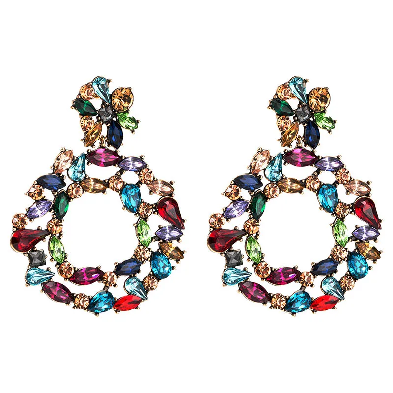 multicolor Роскошные Большие серьги с кристаллами для женщин, круглые цветные массивные серьги, большие стразы, вечерние ювелирные изделия - Окраска металла: multicolor