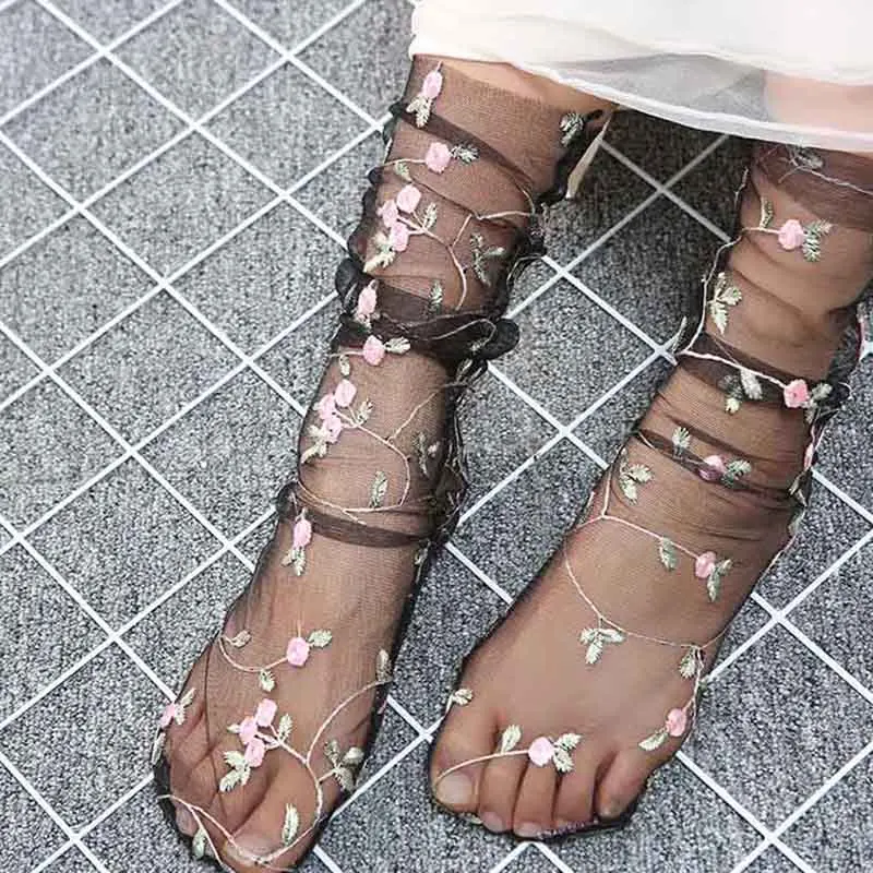 [EIOISAPRA] ультра тонкие прозрачные блестящие сетчатые носки с вышитыми цветами