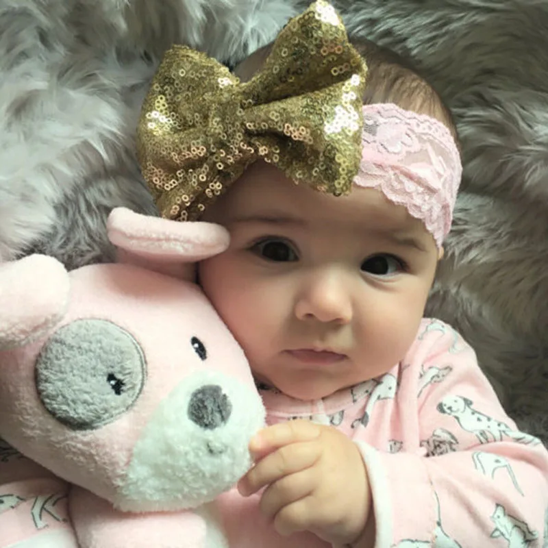1 шт. Блёстки Кружево повязка большой бант hairbands бантом Головные уборы сверкающих
