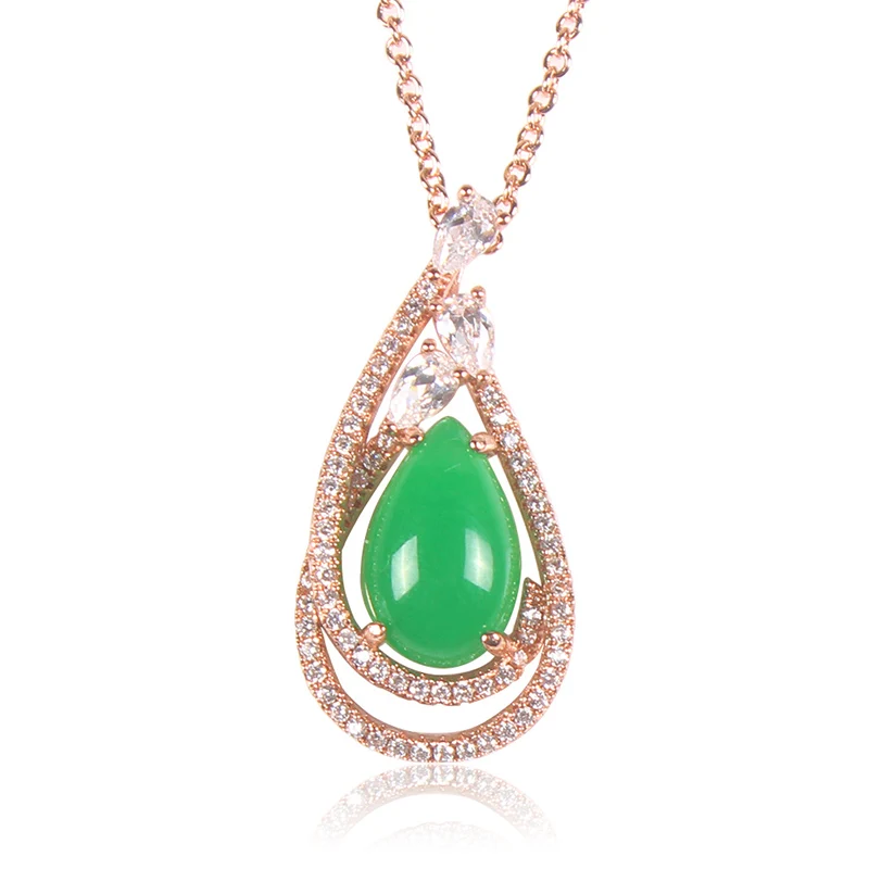 Зеленый малайский камень кулон ожерелье капля полная инкрустация bling