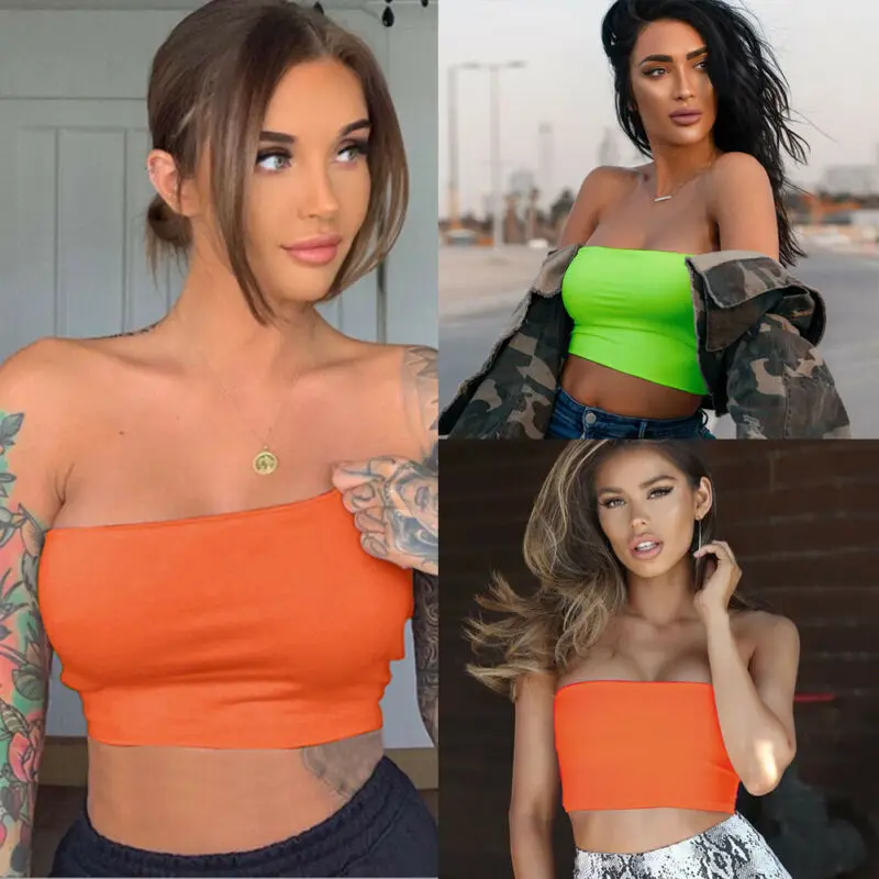 Women Neon Tube Top Bandeau Fringe Top Harvest Tartan Wrap Strapless Chest Tee Streetwear Bustier Sweater Summer Sexy Club Party