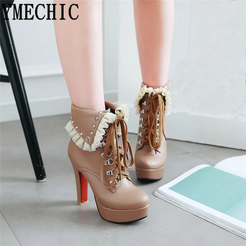 Женские армейские ботинки YMECHIC цвета хаки белые черные на высоком каблуке с
