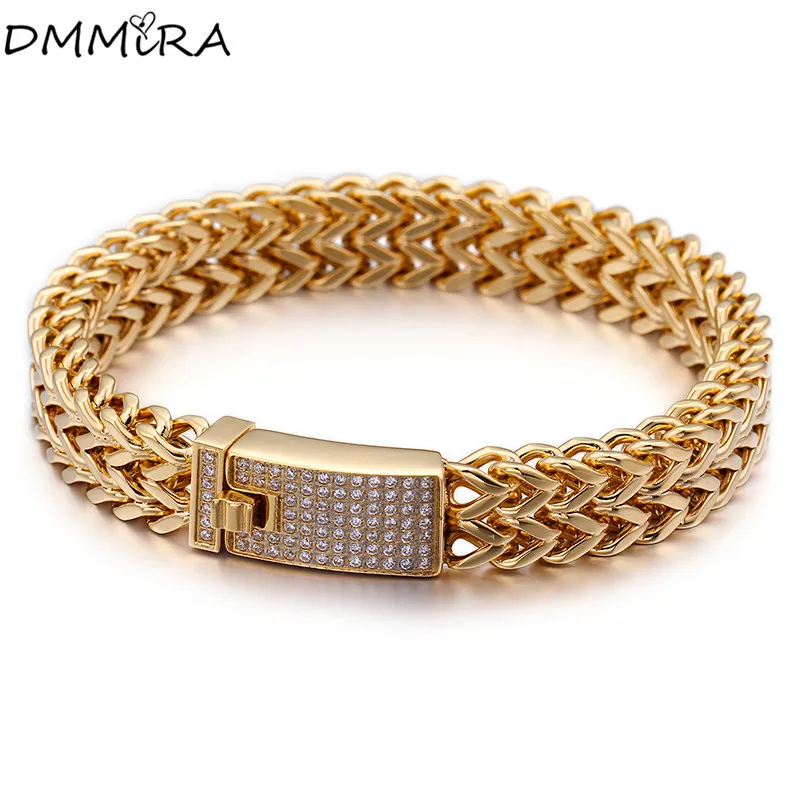 

Fashion Men Color Gold Wide Chain Crystal Bracelet Stainless Steel Square Smooth Double Chain Zircon Bracelet Pulseras Jewelry