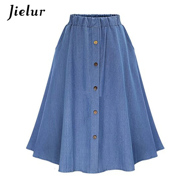 Light blue Jielur летняя джинсовые юбки женские пуговицы Harajuku джинсовые юбки уличная женская тонкая высокая талия женские джинсовые юбки универсальные свободные синие A Line Saia Midi - Цвет: Light blue