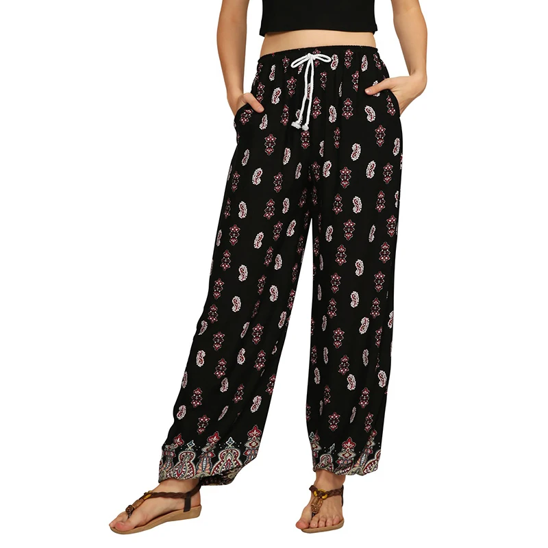 Женские брюки женские пляжные летние Свободные Boho Широкие с высокой талией