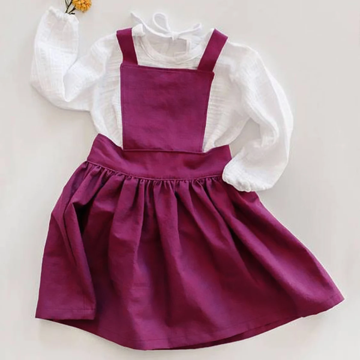 2PCS Set Cute Newborn Baby Girl Long Sleeve Cotton white Bodysuit Tops Shirt Fuchsia Suspender Dress Outfits Summer Clothes | Детская