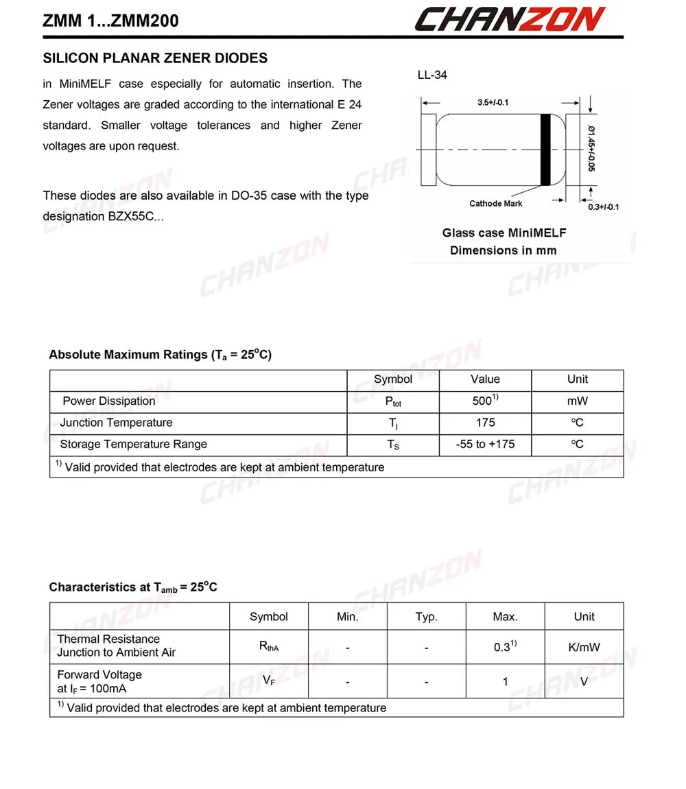 (100 шт.) SMD Диод Зенера 0 5 Вт 6 2 В ZMM6V2 LL 34 (SOD 80 MiniMELF / 1206) вольт ZMM 6V2|Диоды| |