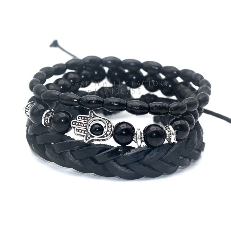 1 комплект 4 шт. черный из бамбукового дерева, черный оникс Лев Хамса Будда череп Pull-Closure кожаный браслет мужской модный браслет упаковка