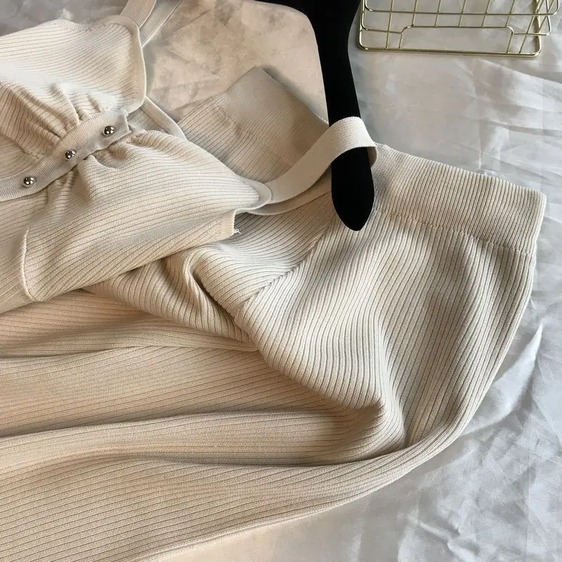 ALPHALMODA без рукавов Вязанный жилет+ трикотажные широкие брюки женские летние 2 шт повседневный комплект однобортный наряд брюки костюмы