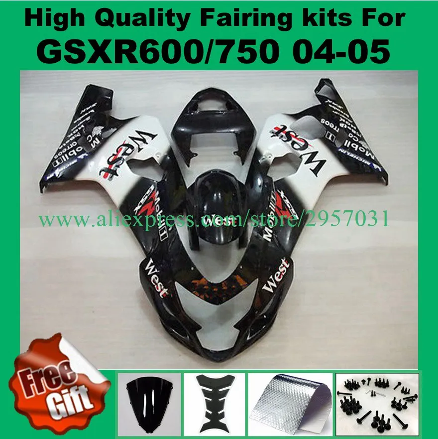 

9GIFTS, Injection Fairing kit for GSXR600 GSXR750 04 05 SUZUKI GSXR600 750 2004 2005 White black fairings WEST