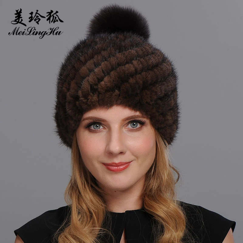 Real Mink and Fox Fur Hat Cap Top Pompoms Caps For Women New Thicken Female Winter Knitted Hats Beanies | Аксессуары для одежды