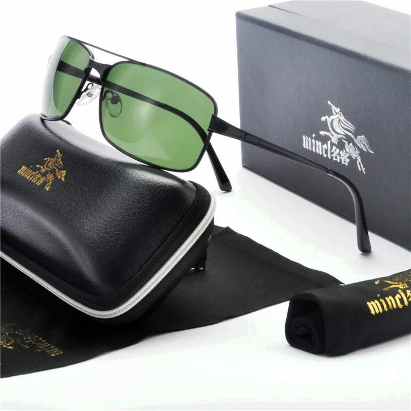 Мужские солнцезащитные очки с квадратной металлической оправой зеленые линзами