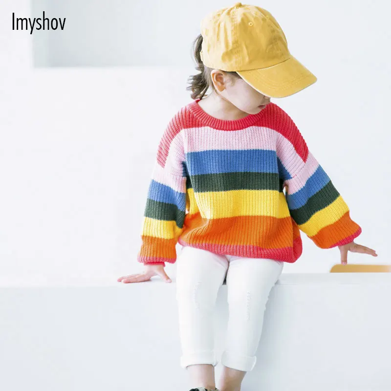 Rainbow Pullover Sweater Cardigan For Girls 2018 Knitted Cotton Children's Sweater Spring Autumn Girls Cardigan For Kids Jumper