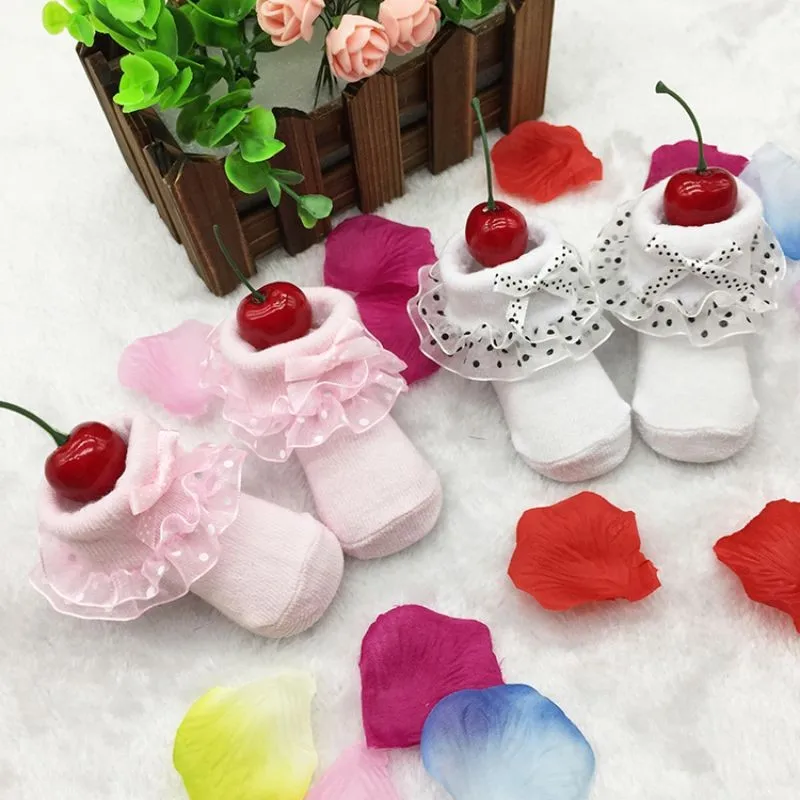 Носки для новорожденных девочек, 1 шт. детские короткие кружевные носки принцессы с цветочным рисунком и бантом хлопковые короткие носки с оборками