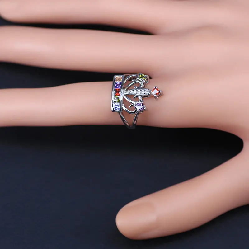 Trendy Crown Colorful Cubic Zirconia Silver Color Jewelry Sets For Women Jewellry Earrings Bracelet Necklace Ring | Украшения и