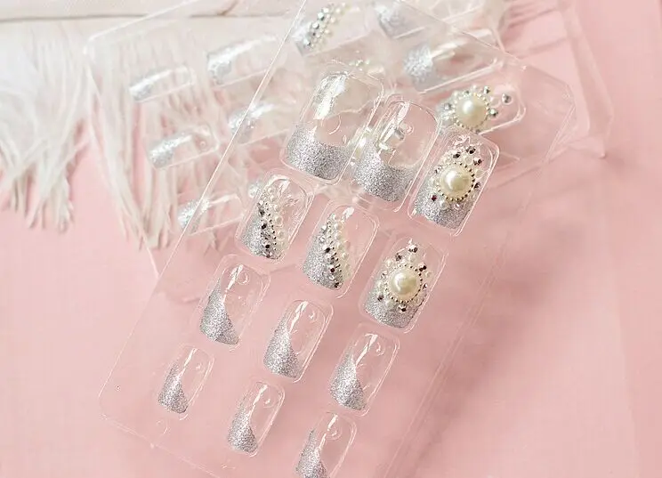 Free Shipping 24pieces/lot Transparent Beautiful Finished Produc Pearl Full False Nails plate Tips with Rhinestone Wholesale | Красота и