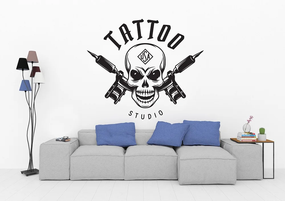 Tattoo Salon Vinyl Wall Sticker Personality Skull Machine Logo Studio Poster Shop Sign Art Deco 2WS09|Наклейки на стену| |