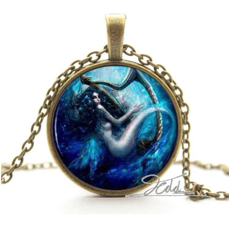 Серебряное и бронзовое ожерелье с подвеской русалкой синим морем сирена арфа