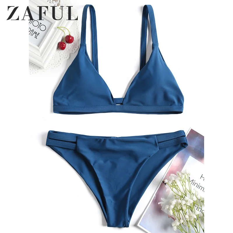 

ZAFUL Cami Ladder Cut Ruched Spaghetti Strap Padded Two-Piece Bathing Suit Solid Blue Swimming Suit For Women Swimwear Female
