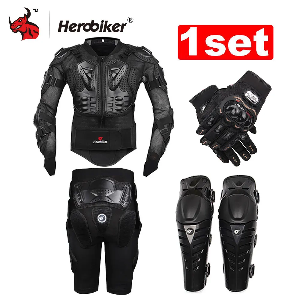 HEROBIKER мотоциклетная куртка защитная Экипировка для мотогонок+ Экипировка s Короткие штаны+ защита от колена+ мото перчатки - Цвет: black set