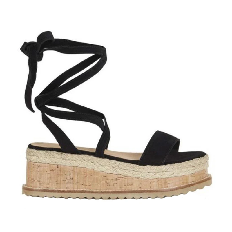Black Flock Sandals Teahoo/летние белые женские босоножки на платформе; сандалии-гладиаторы с открытым носком; женские эспадрильи на танкетке со шнуровкой; женские босоножки; большой размер 43 - Цвет: Black Flock Sandals