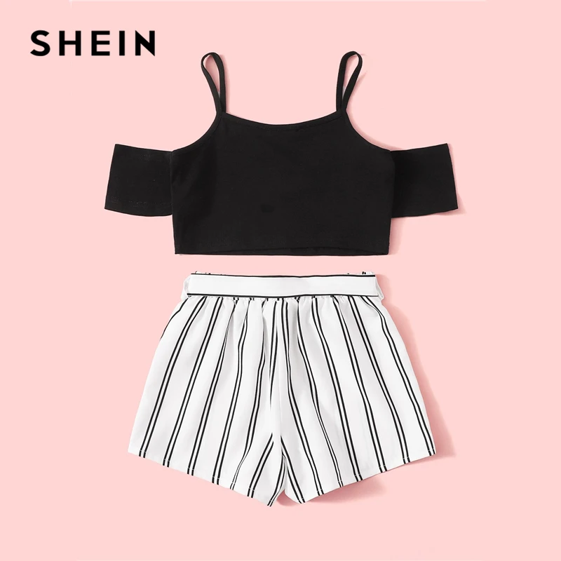 SHEIN Kiddie/укороченная блузка с открытыми плечами для девочек и полосатые шорты с поясом нож для паззлов г., летние широкие Детские костюмы с короткими рукавами