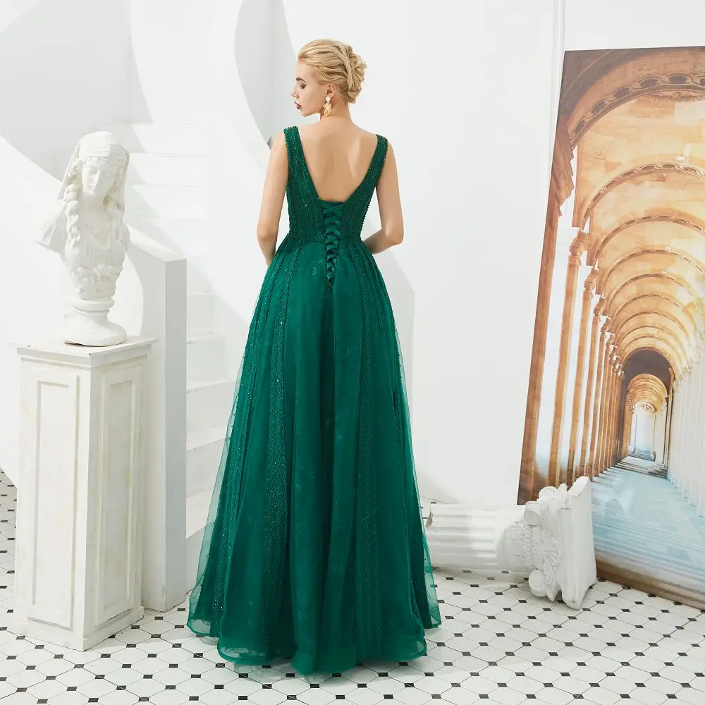Женское вечернее платье до пола Beauty Emily Зеленое Длинное без рукавов с V-образным