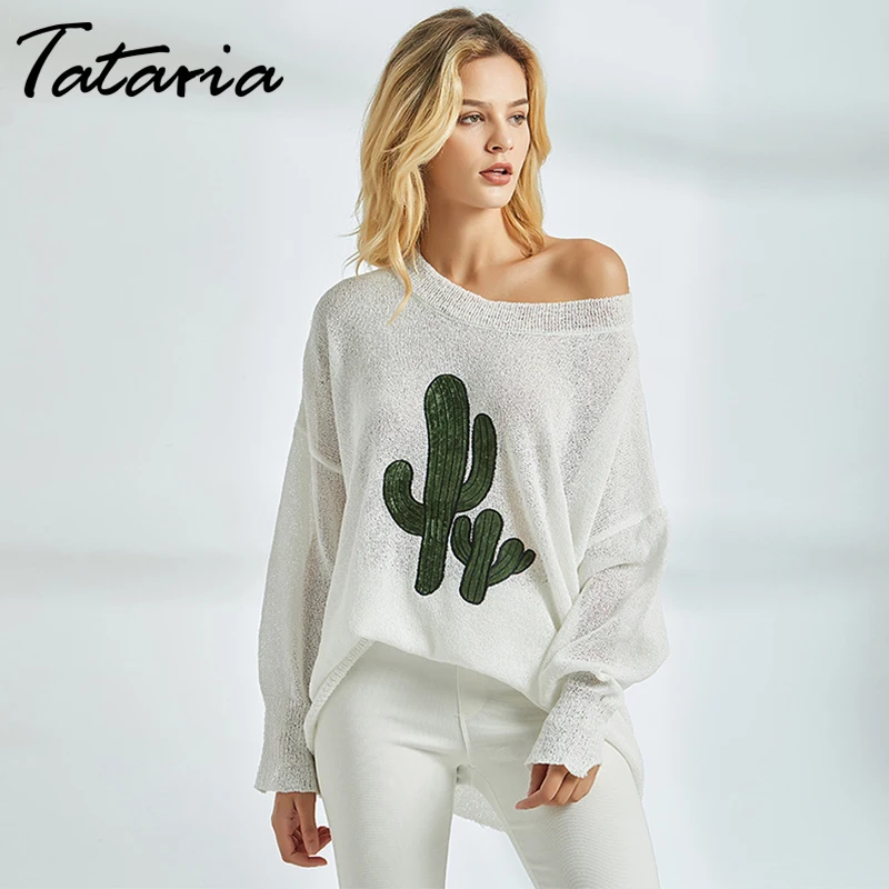 Tataria Sexy Off Shoulder Knitted Sweater Women Long Sleeve Batwing for Elegant Solid Printed Pullover and | Женская одежда