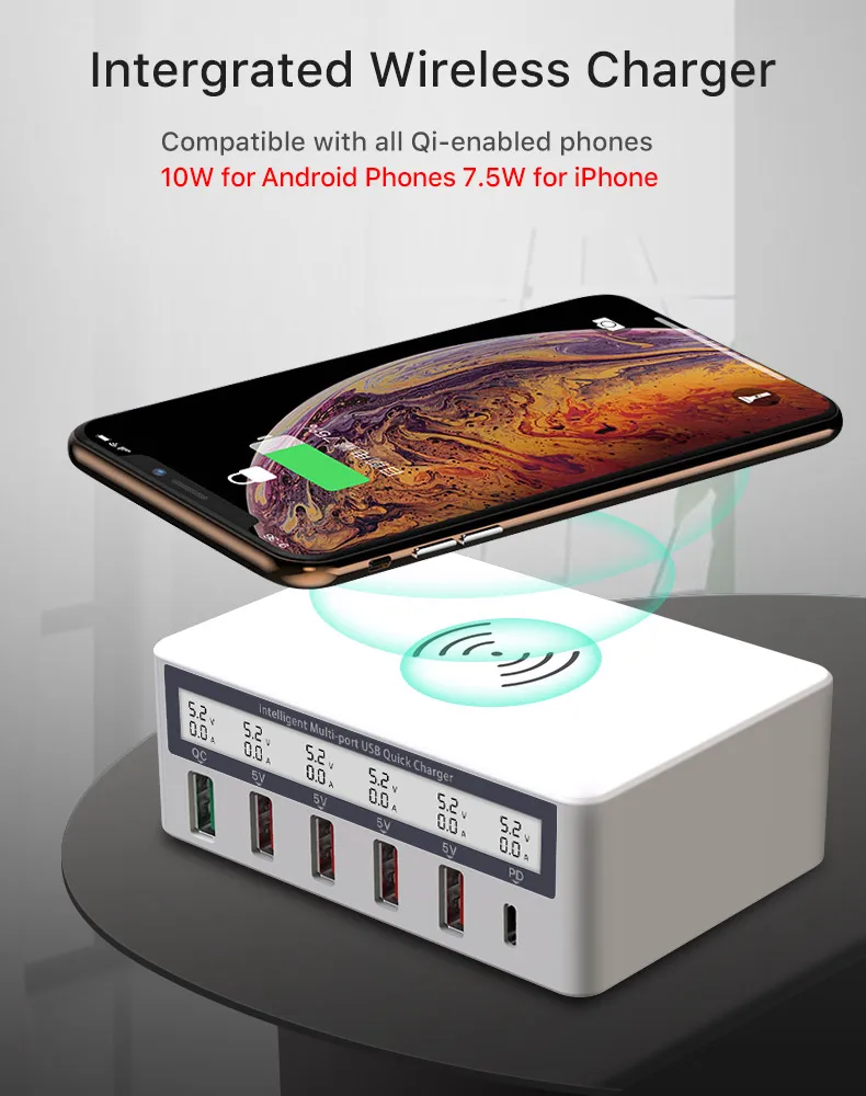 QI Беспроводное зарядное устройство QC3.0 usb type C зарядное устройство Led мобильный телефон быстрое зарядное устройство для iPhone samsung S10 USB адаптер зарядная станция