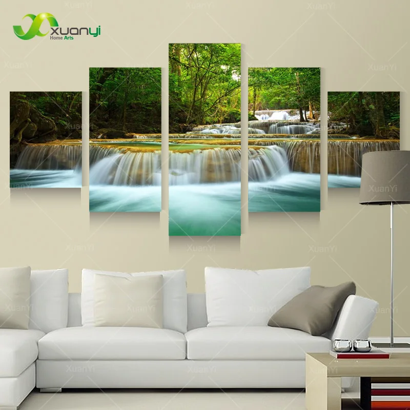 5 панелей Современная печать живопись водопад Настенная картина холст лес пейзаж краски для гостиной без