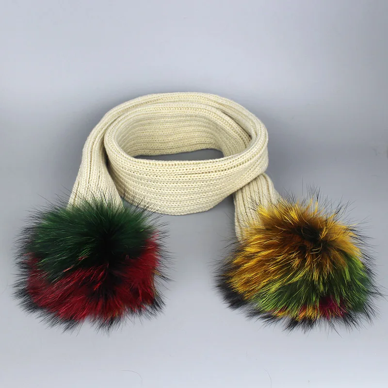 Scarf Beige Женская и детская Шапка-бини, повседневные разноцветные шапки с помпонами, шапки с помпоном из меха лисы и енота для девочек, женские зимние теплые вязаные шапки Skullies - Цвет: Scarf Beige