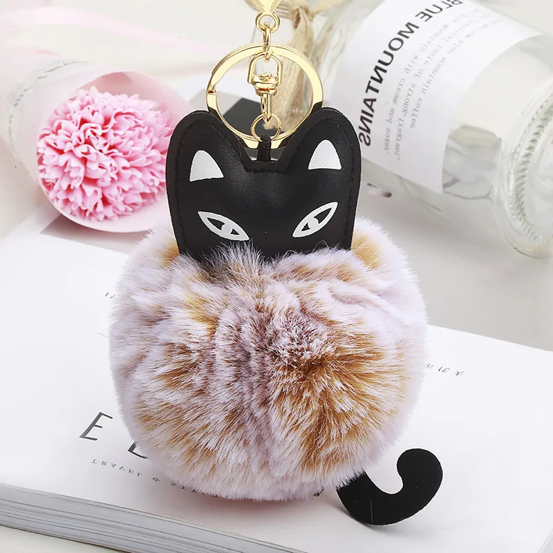 

New Snow Fur Ball Key Holder Rabbit Fur Ball Key Chain Black Cat Head Doll Keychain Animal Pompom Pendant Charm Jewelry EH865
