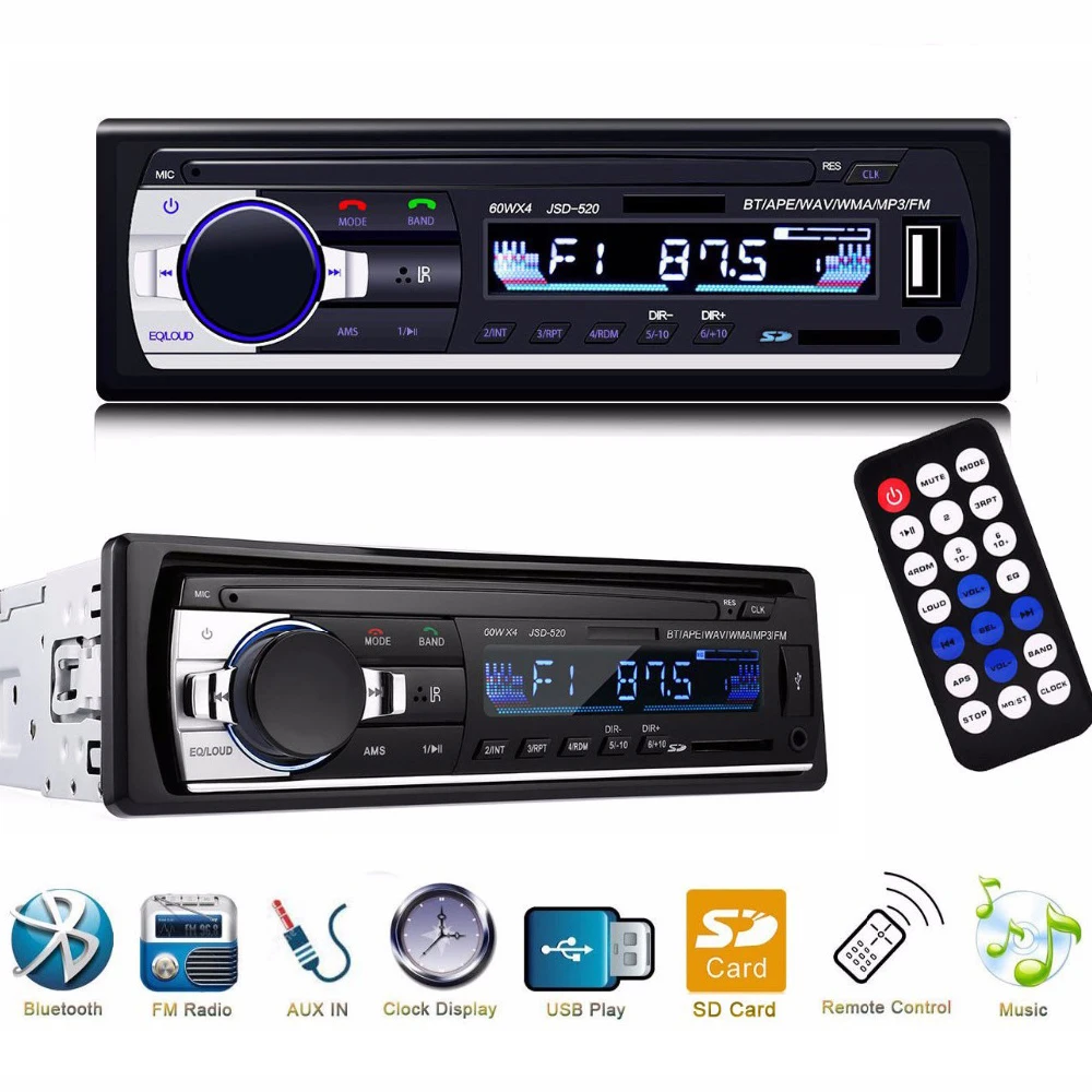 Автомобиль радио 1din Автомобильный стереоплеер Bluetooth аудио Музыка MP3 плеер fm-радио Aux Вход приемник SD USB MP3 плеер универсальный JSD520
