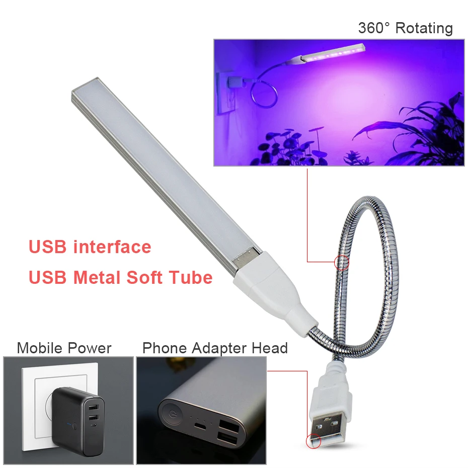 Fitolampy полного спектра света для растений на светодиодах USB 3W, красный синий светодиодный светильник для теплиц гидропонных искусственного освещения, ИК и УФ-лампы для сада. - Фото №1