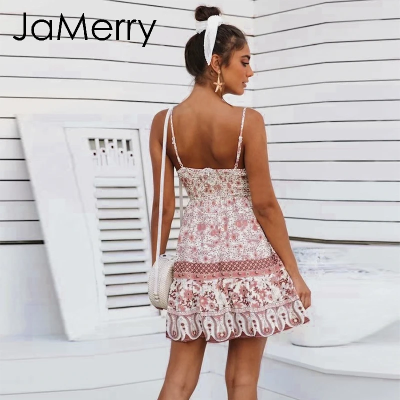 JaMerry Boho женское мини платье с принтом летнее праздничное на тонких бретельках