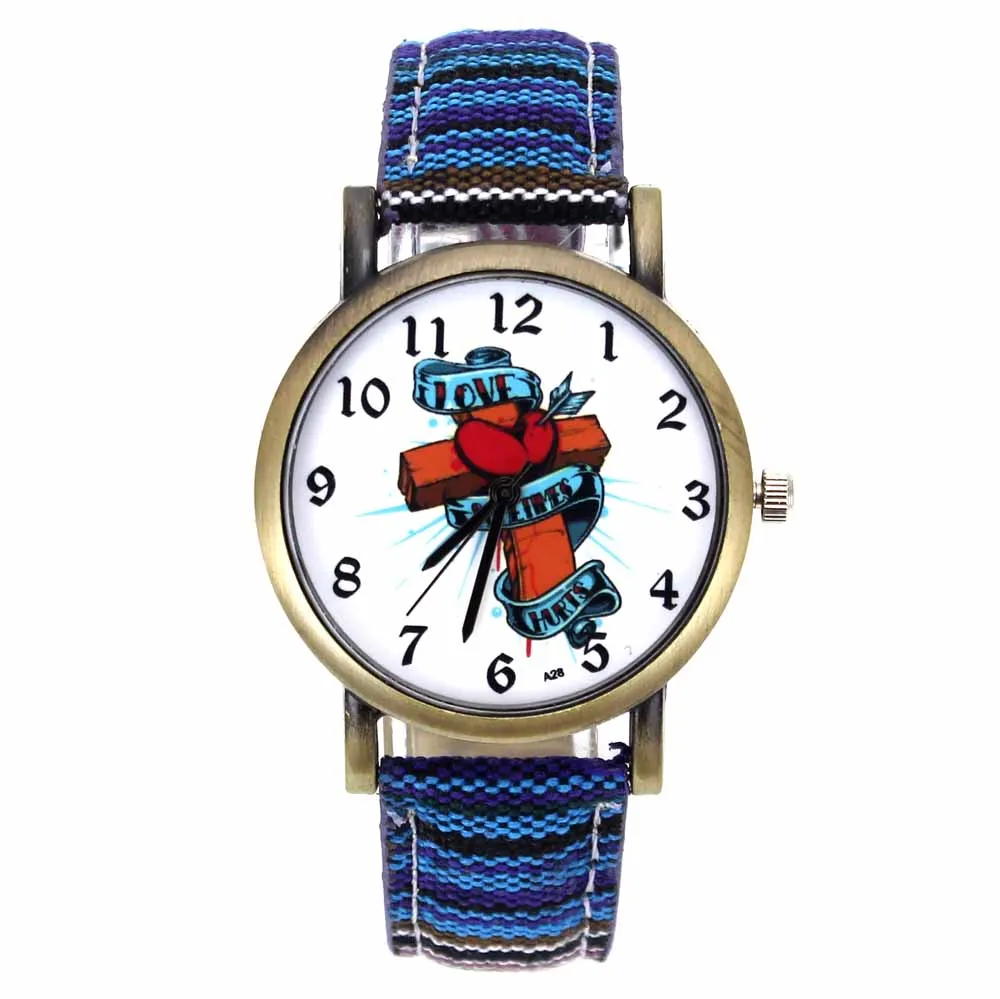 

Cross Love Heart Shape Arrow Fashion Watches Men Women Warm Lover Accessories Stripe Denim Cloth Canvas Band Sport Quartz Watch