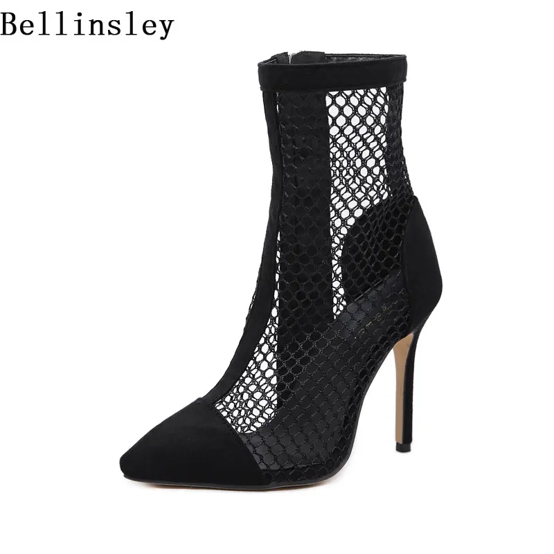 Bellinsley/черные женские ботинки на молнии; модные туфли с острым носком на высоком каблуке; ботильоны для женщин из сетчатого материала; летние женские полусапожки